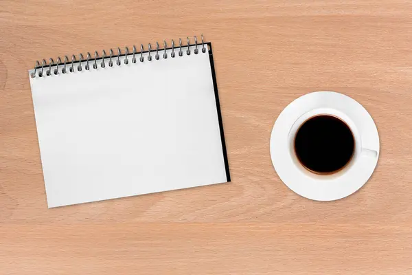 Een Koffie Notebook Houten Achtergrond — Stockfoto