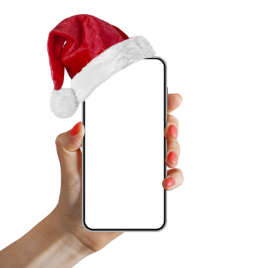 Noel için elinde Noel Baba şapkasıyla PNG formatında şeffaf bir arkaplanı olan bir telefon.