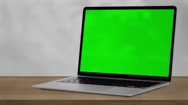 Yeşil ekranlı dizüstü bilgisayar, arka planda sallanan ağaçlar. Yüksek kalite 4k görüntü
