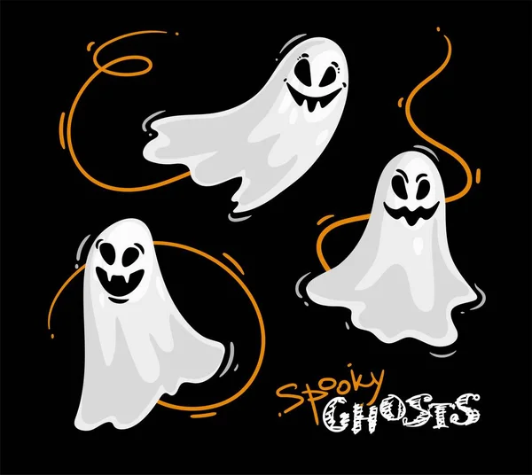 一组飞行的鬼魂 可怕的万圣节人物 可爱的手绘怪物集合度假派对 被黑色背景隔离 矢量说明 — 图库矢量图片