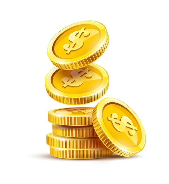 Monete Oro Denaro Contante Pile Dollaro Caduta Isolato Sfondo Bianco — Vettoriale Stock