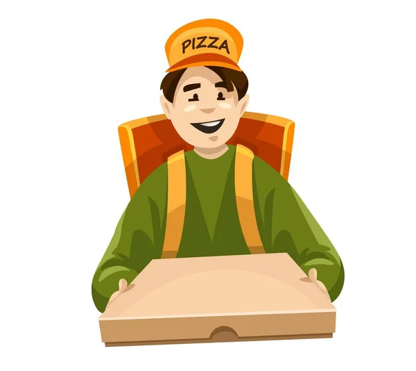 ピザ配達宅配ボックス付き 漫画のキャラクターピッツェリア注文 配達員はボックスのファーストフードを運ぶ隔離された ファーストフードの宅配便サービス 箱の中のイタリア人 フラットだ ベクターイラスト — ストックベクタ
