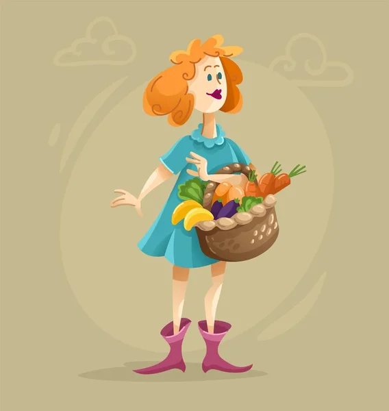漂亮的女人 满满一篮子新鲜蔬菜和水果 健康的家庭营养生活方式 矢量说明 — 图库矢量图片