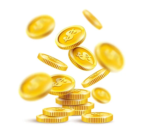 Moedas Ouro Dinheiro Dinheiro Pilha Caindo Dólar Isolado Fundo Branco — Vetor de Stock