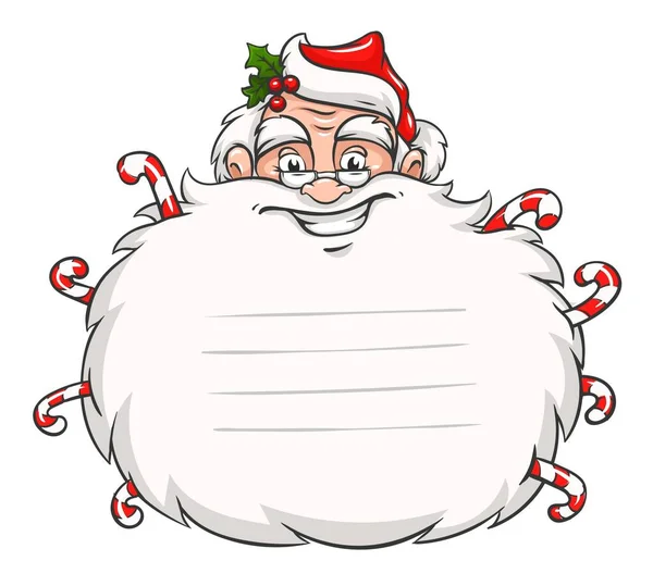 可爱的微笑圣诞老人的头与胡子和甜蜜的糖果 复制的地方为圣诞快乐贺卡文字 白色透明的背景 更贴切的设计模板 矢量说明 — 图库矢量图片