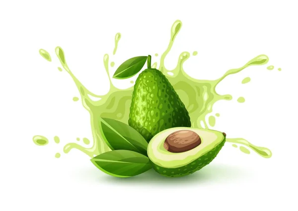 Avocat Aux Fruits Verts Avec Éclaboussures Juteuses Légume Mûr Isolé — Image vectorielle