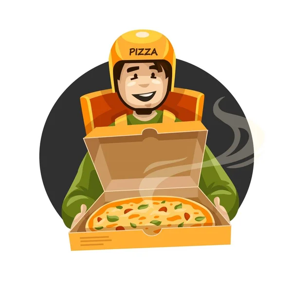 ボックス漫画のキャラクターピッツェリアの注文でピザ配達宅配ヘルメット 配達員は隔離されたファーストフードを持ってる ファーストフードの宅配便サービス イタリアの箱 フラットだ ベクターイラスト — ストックベクタ