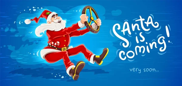 Navidad Santa Claus Conduce Vehículo Con Rueda Del Coche Virtual — Vector de stock