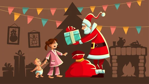 Weihnachtsferien Der Weihnachtsmann Beschenkt Ein Glückliches Mädchen Pyjama Einen Kleinen — Stockvektor