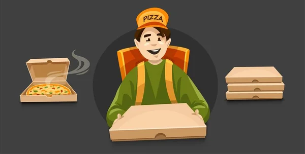 Kurier Dostawy Pizzy Pudełkiem Porządek Pizzerii Postaci Kreskówek Dostawca Budki — Wektor stockowy