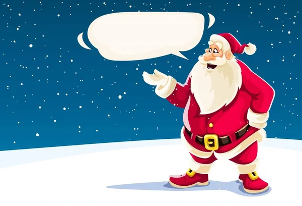 サンタクロースがメッセージクラウドを話すクリスマスグリーティングカード 冬の雪の背景に漫画のキャラクター ベクターイラスト — ストックベクタ