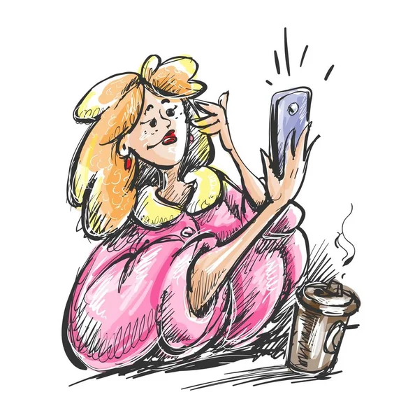 手拉手美丽的时髦女孩的画像 年轻女子在咖啡厅和咖啡杯里拿着电话自作主张 被白色背景隔离 轮廓草图 矢量说明 — 图库矢量图片