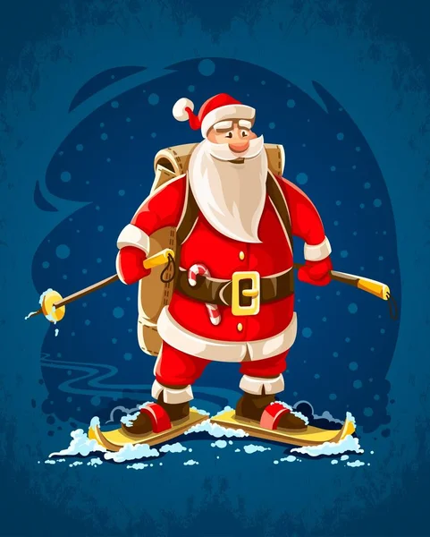 圣诞节的圣诞老人滑雪板上快乐的卡通人物带着装满礼物的背包赶着冬天的雪去度假 矢量说明 — 图库矢量图片