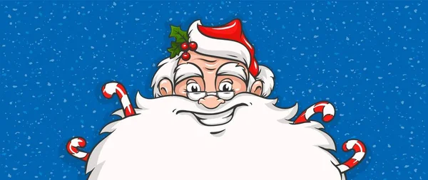 带着微笑的圣诞老人头 胡子和甜糖果的横幅 复制的地方为圣诞快乐祝福短信文字 白色雪蓝的背景 卡片设计模板 矢量说明 — 图库矢量图片