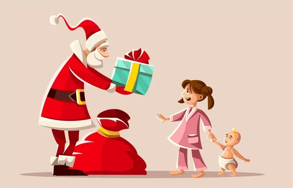 Χριστουγεννιάτικες Διακοπές Άγιος Βασίλης Δίνει Δώρα Στο Χαρούμενο Κορίτσι Στην — Διανυσματικό Αρχείο