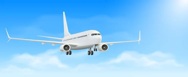 大陸間飛行や旅行のための旅客航空機輸送機 青空の雲の中に翼を持つ着陸航空機 現実的 使用されるグラデーションメッシュ ベクターイラスト — ストックベクタ