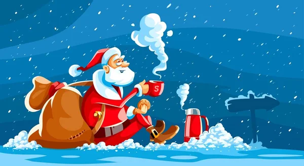 圣诞假期 微笑的圣诞老人坐在雪地上 喝着热茶或杯子里的咖啡 带有蒸汽的热水瓶 全袋礼物 方向标志 冬天降雪 霜冻雪暴 矢量说明 — 图库矢量图片