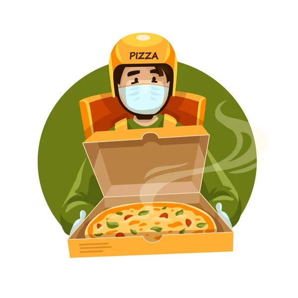 ピザ配達宅配医療マスク ボックス漫画のキャラクターピッツェリア注文 配達員は隔離されたファーストフードを持ってる ファーストフードの宅配便サービス Covid 19の間の安全な配達 ベクターイラスト — ストックベクタ