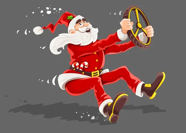 圣诞圣诞老人驾驶着装有虚拟汽车轮子的汽车 高速开车去度假卡通人物身穿红色西装胡子标志灰色背景 矢量说明 — 图库矢量图片
