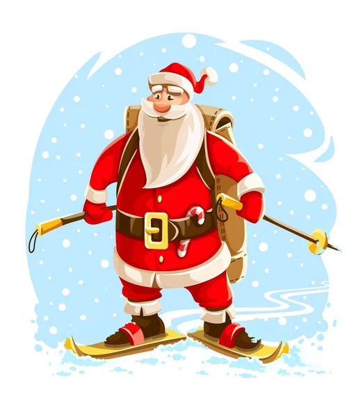 クリスマス サンタクロース スキーのメリー漫画のキャラクターは子供のための贈り物でいっぱいのバックパックで休日に急いで冬の雪によって行く 隔離された白い背景 ベクターイラスト — ストックベクタ
