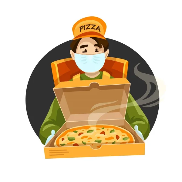 Pizza Mensajero Entrega Máscara Médica Caja Dibujos Animados Carácter Pizzería — Vector de stock