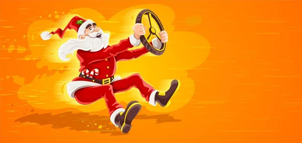圣诞圣诞老人驾驶着装有虚拟汽车轮子的汽车 高速开车去度假 卡通人物身穿红色西装 留着胡子作为象征 矢量说明 — 图库矢量图片