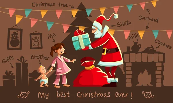 Férias Natal Papai Noel Presentes Para Menina Feliz Pijama Pequeno — Vetor de Stock