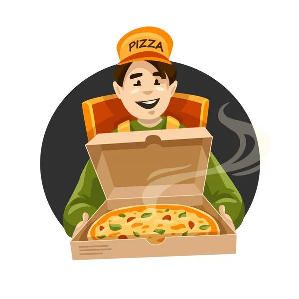 Mensajero Entrega Pizza Con Caja Caricatura Carácter Pizzería Orden Repartidor — Vector de stock