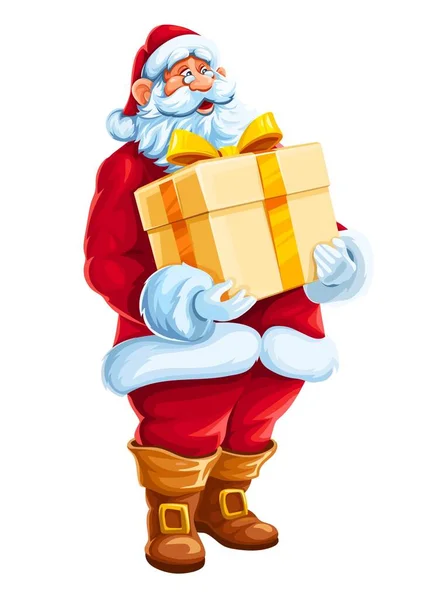 手に大きな贈り物を持つクリスマスサンタクロースの男 リボンの箱黄金の弓を保持赤い休日のスーツのメリーの文字 隔離された白い背景 ベクターイラスト — ストックベクタ