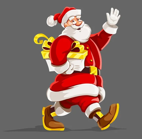 Рождественские Каникулы Санта Клаус Подарочной Ходьбой Размахиванием Рукой Изолирован Сером — стоковый вектор