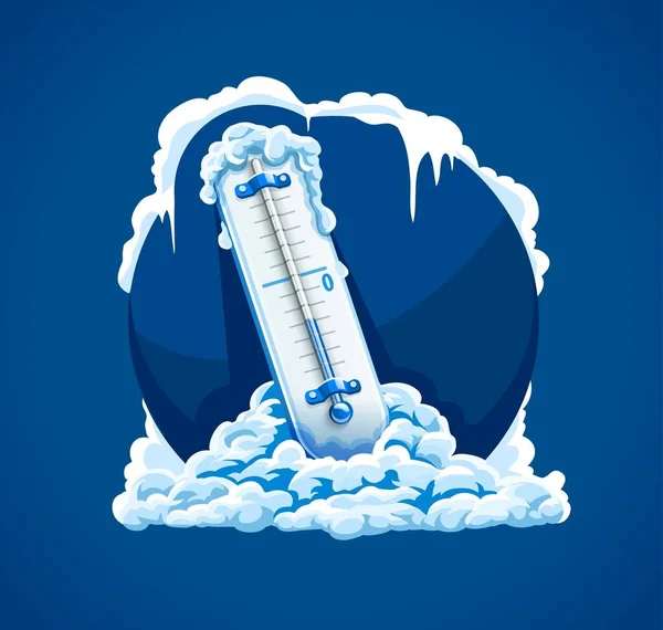 冬の霜 寒い天気 雪の中で低温で温度計 霜や凍ったつらら 天気予報青丸のコンセプトサイン ベクターイラスト — ストックベクタ