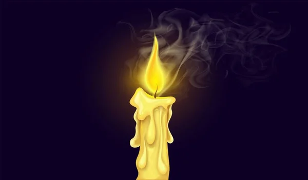 Brandend Kaarsenvuur Met Witte Realistische Rook Geïsoleerd Donkere Achtergrond Vectorillustratie — Stockvector
