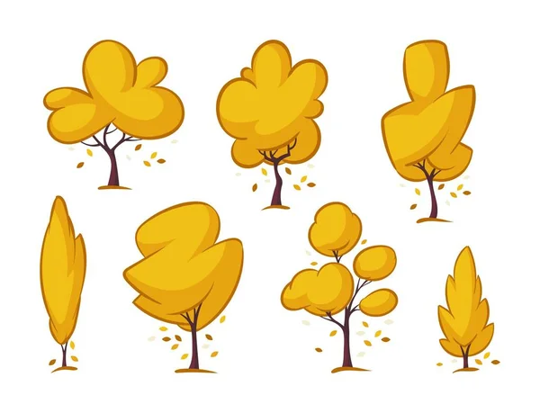 秋天的黄树落定了 卡通森林和灌木的集合 秋天的自然细节 抽象的植物与绿叶 矢量说明 — 图库矢量图片