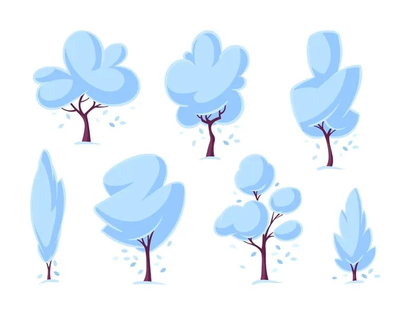 青い雪の冬の木を設定します 漫画の森と茂みのコレクション 秋の自然詳細 緑の葉を持つ抽象的な植物 ベクターイラスト — ストックベクタ