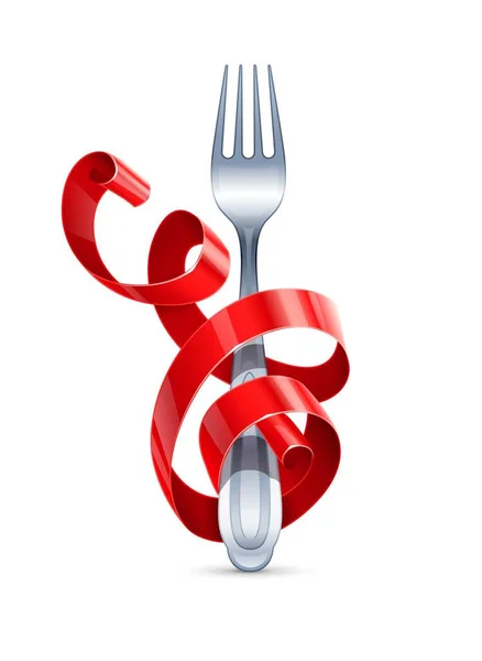 Table Fork Braided Red Ribbon Isolated White Background Festive Menu — Stock Vector