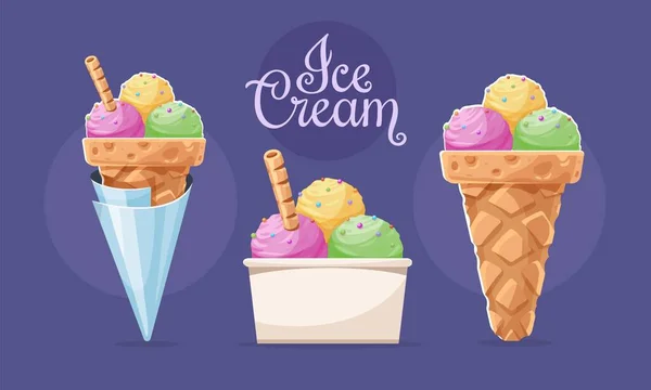 Ice Cream Set Waffle Cone Paper Cup Balls Different Flavours — 스톡 벡터