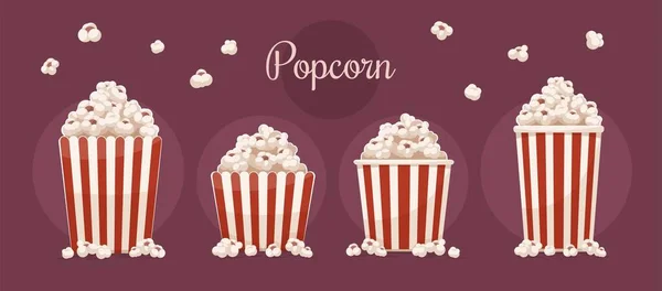 Paper Cups Set Full Popcorn Red Background Fast Food Snack — Stock Vector
