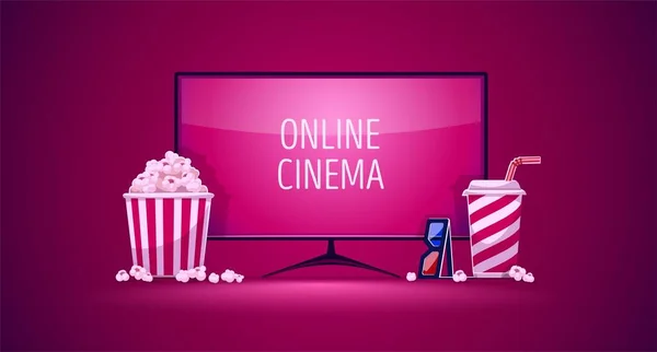 Online Movie Cinema Screen Set Button Home Video Film Watching — Stock Vector