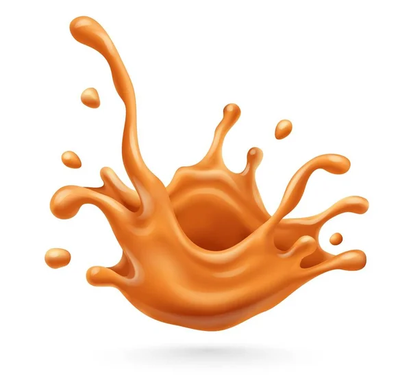 Splash Sweet Caramel Liquid Flying Drops Isolated White Background Vector — Stock Vector