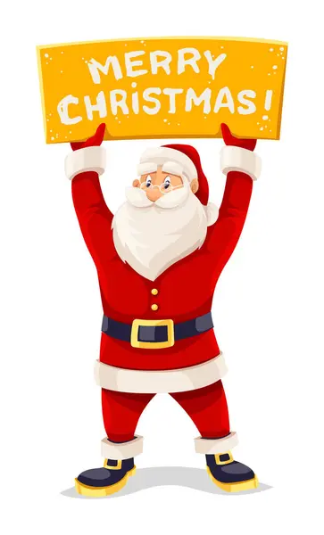 Merry Santa Claus Standing Christmas Greetings Banner Sign Hands Holiday — Stock Vector