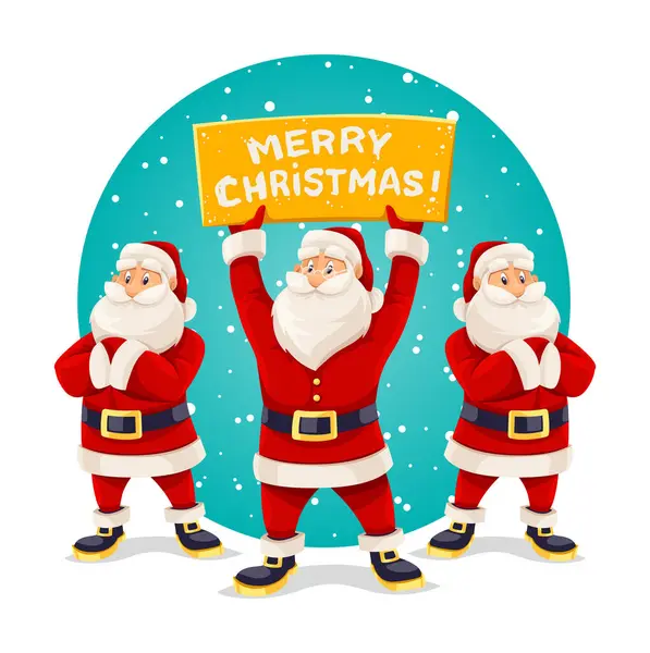 Merry Santa Clauses Standing Christmas Greetings Banner Sign Hands Holiday — Stock Vector