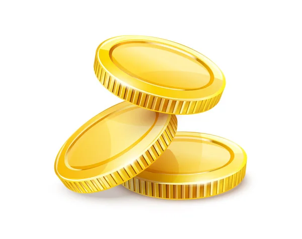 Trzy Złote Monety Pieniądze Wymianę Monety Wyodrębnione Białej Tra — Wektor stockowy