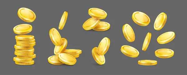 ゴールドコインのセット パイルとスタック 現金が下落するお金を変える ビジネスファイナンスコレクション 暗い灰色の背景で孤立した現実的なコイン ベクトルイラスト — ストックベクタ