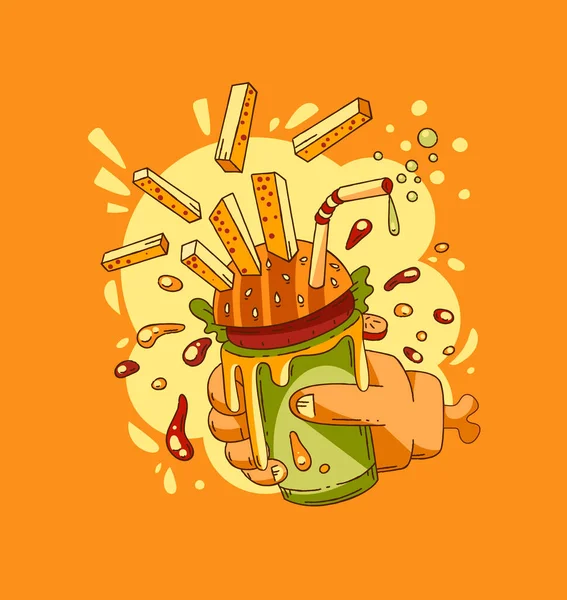 Fast Food Abstract Concept Menselijke Hand Fragment Een Bot Met — Stockvector