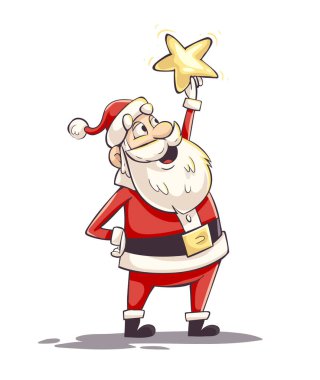 Cartoon Santa Claus character holding a shining star in the hand. Twinkle little as symbol of Christmas Eve Holiday and Happy Ney Year celebration. Clipart Isolated on white background. Vector illustration. clipart