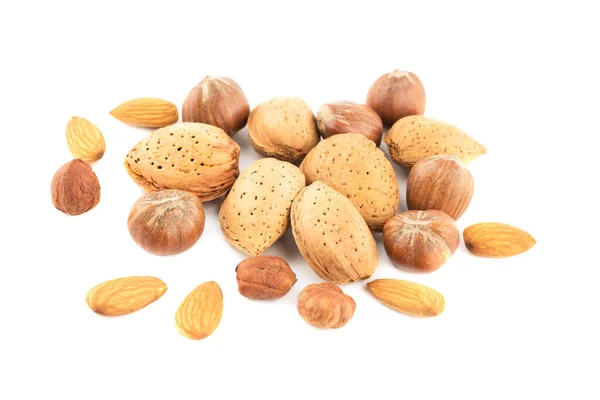 Heap Almonds Hazelnuts Isolated White Background — 스톡 사진