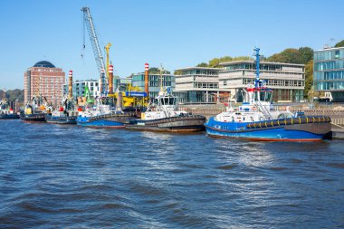Hamburg, Almanya - 6 Ekim 2024 - Almanya 'daki Elbe Nehri' nden Hamburg limanının görüntüsü. Hamburg limanındaki römorkör ve vinç..