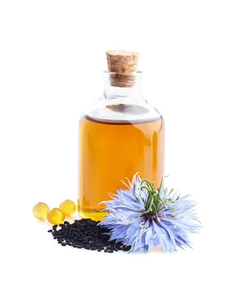 Schwarzkümmelöl Mit Samen Und Nigellablüte Auf Weißem Hintergrund — Stockfoto