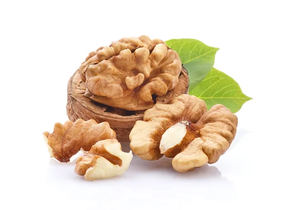 Walnuts Kernel Leaves White Background — Stock Photo, Image