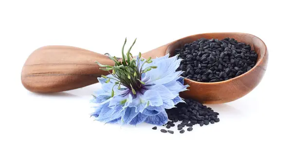 Beyaz Zemin Üzerinde Nigella Sativa Çiçeği Olan Siyah Kimyon Tohumları Stok Resim